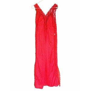 Vintage Sears M Full Length Night Gown Slits Sexy Lingerie Red  100% Nylon Lace